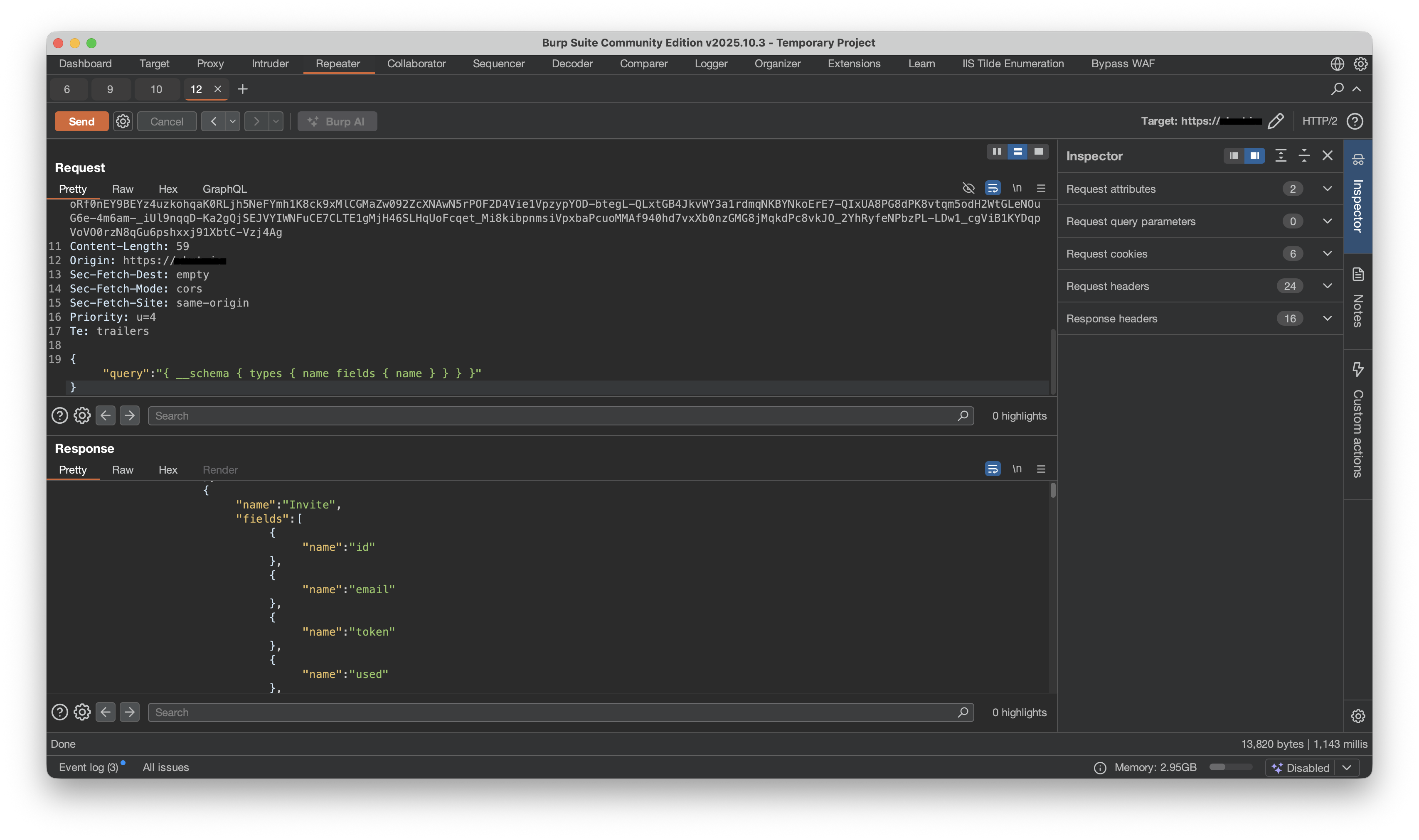 Burp Suite intercepting GraphQL introspection queries