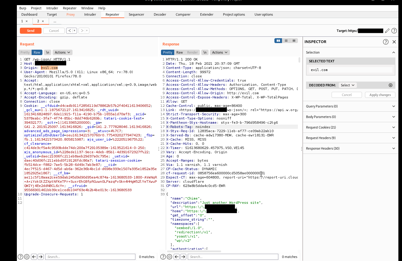CORS vulnerability response headers showing evil.com origin reflected