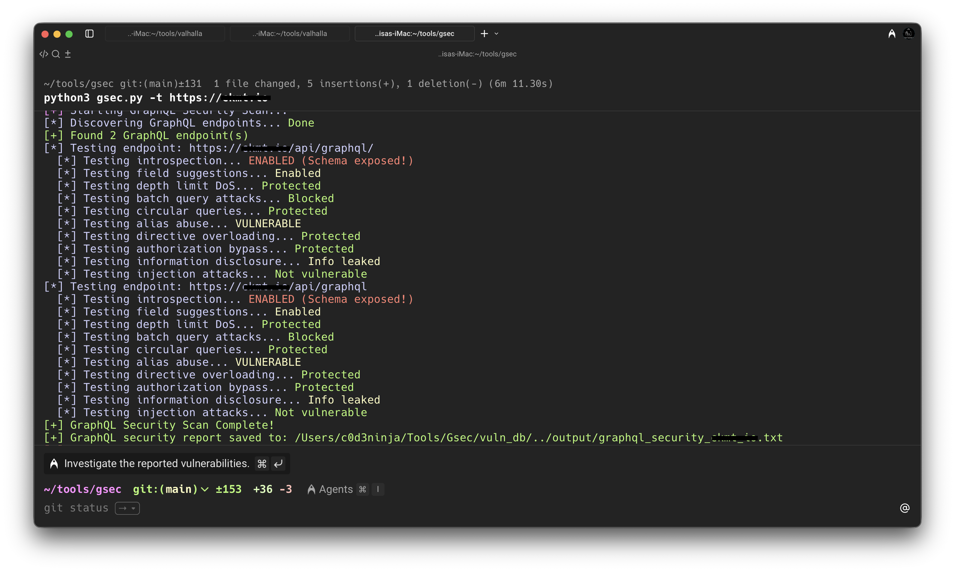 Gsec vulnerability scanner identifying GraphQL introspection