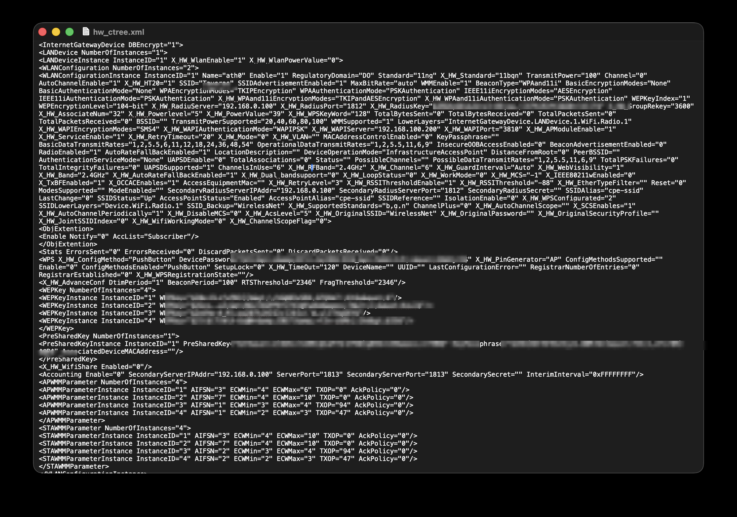Huawei hw_ctree.xml configuration export with WLAN settings; the RADIUS key, WPS device password, WEP keys, pre-shared key, passphrase, and SSID are redacted
