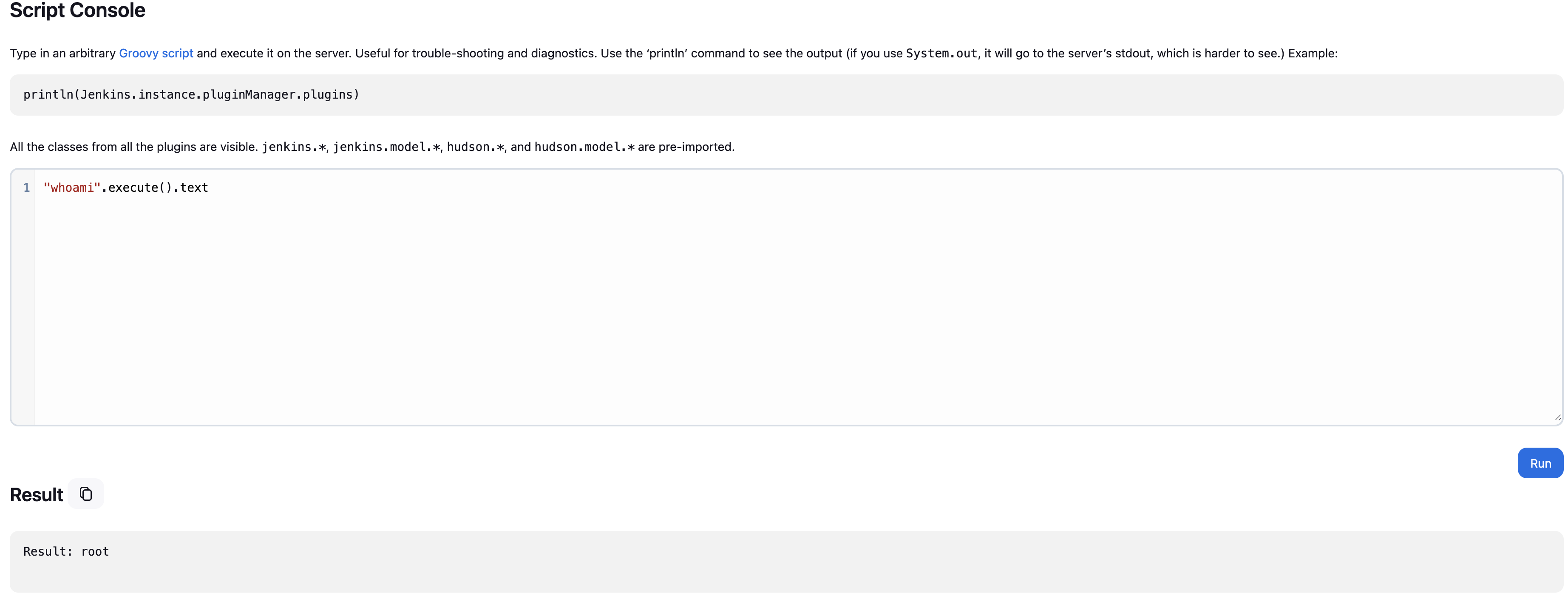 Jenkins script console showing command execution