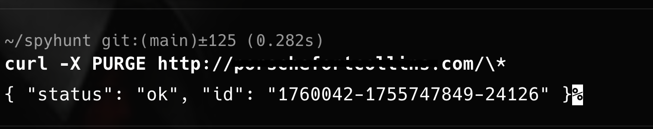 PURGE method response showing status ok with ID