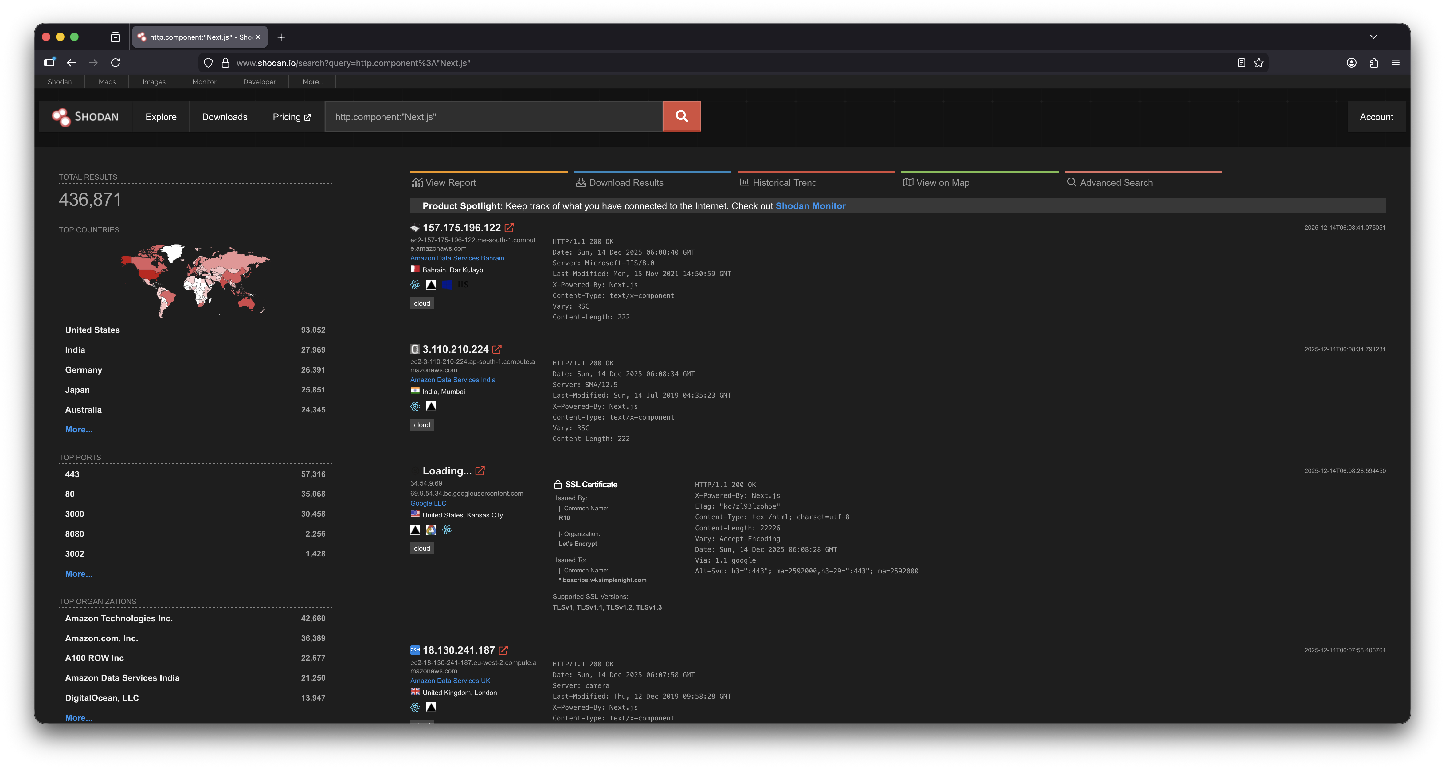 Shodan search results showing vulnerable Next.js instances