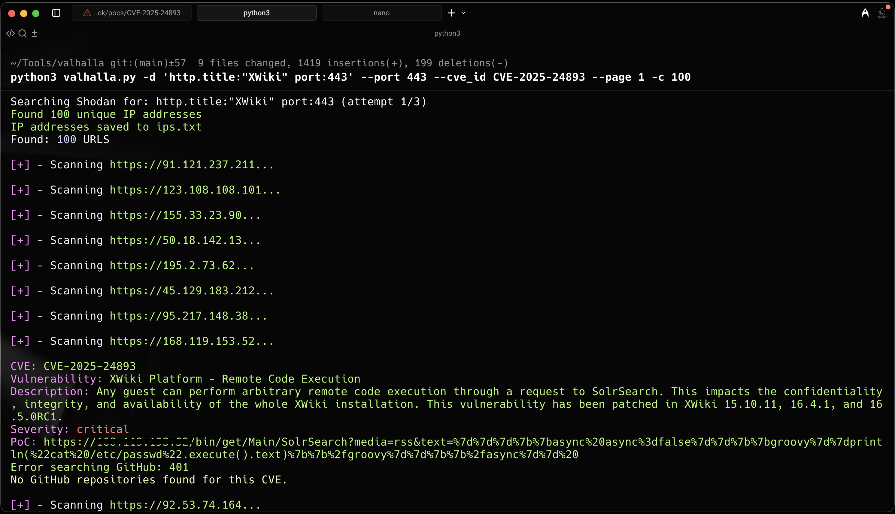Valhalla search results for vulnerable XWiki instances