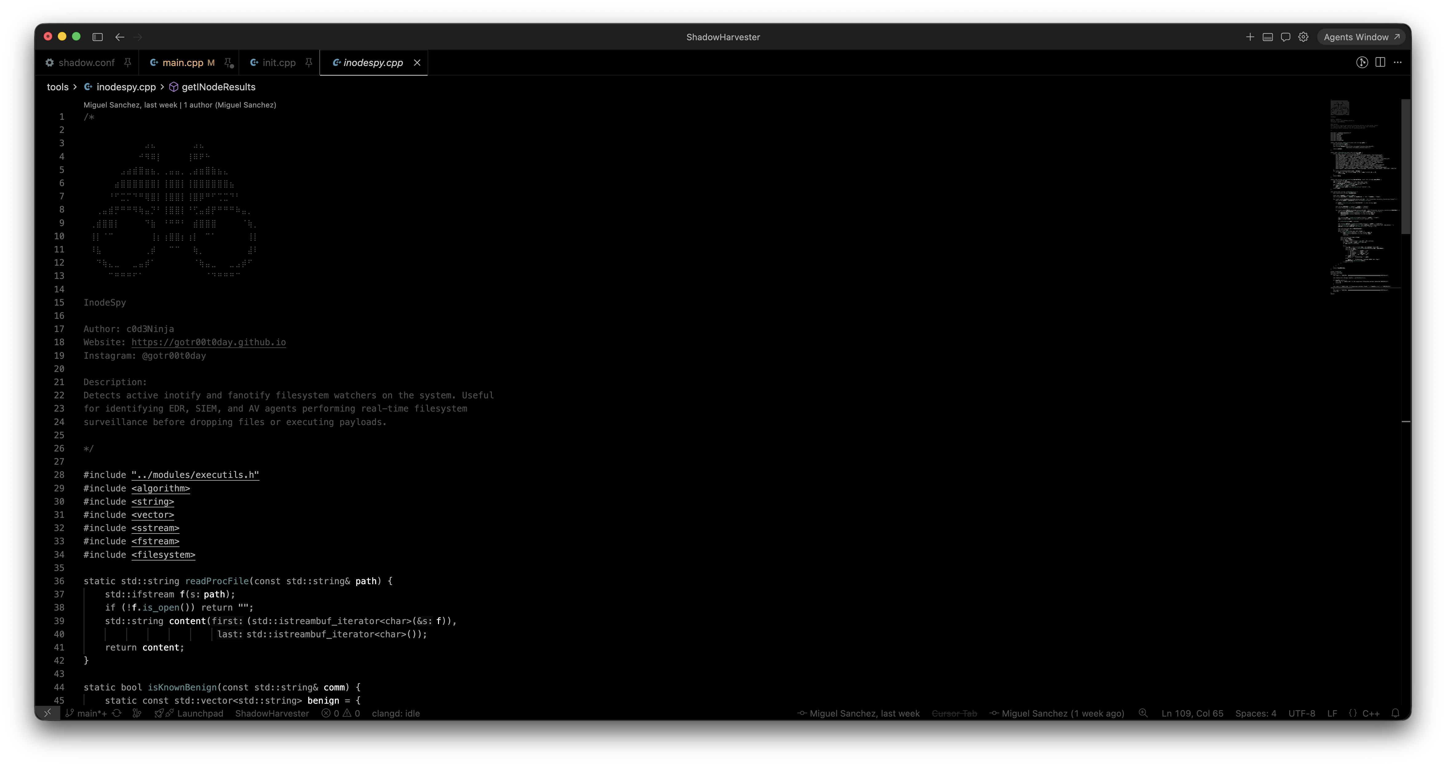 InodeSpy.cpp in the editor: ShadowHarvester tool enumerating Linux filesystem watchers